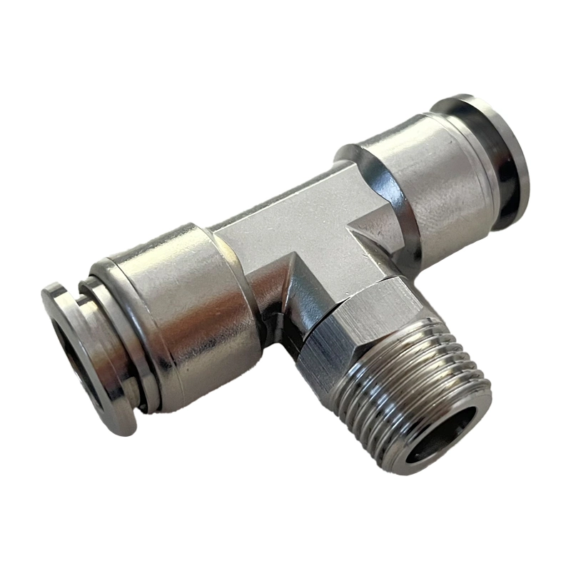 Pneumatic SS316L Air Inox 1/8'' Thread Two Hole Metal Sleeve Male Tee Push in Fittings