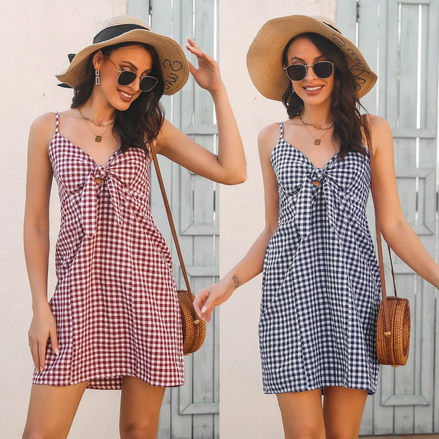 Les femmes robe de plage robe sans manches Boho élégant décontracté Bow Parti Plaid Sundress Mini Robe d'été