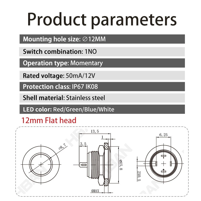 High quality/High cost performance  12mm Momentary IP67 Ring LED Metal Push Button Switch 12V