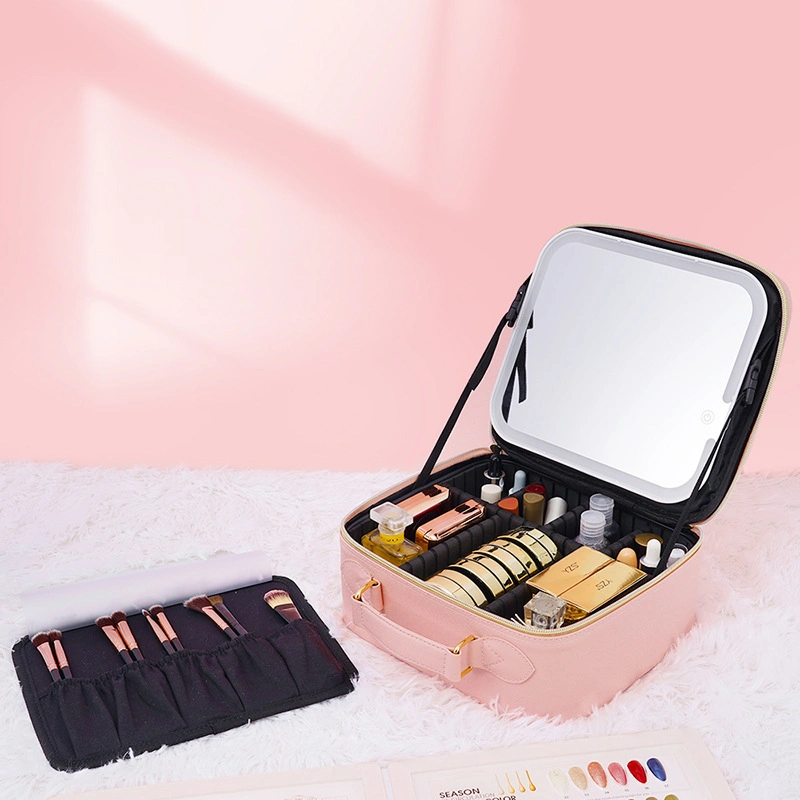 High quality/High cost performance  and Large Capacity Makeup Bag with LED Mirror Professional Portable Leather Makeup Bag Case