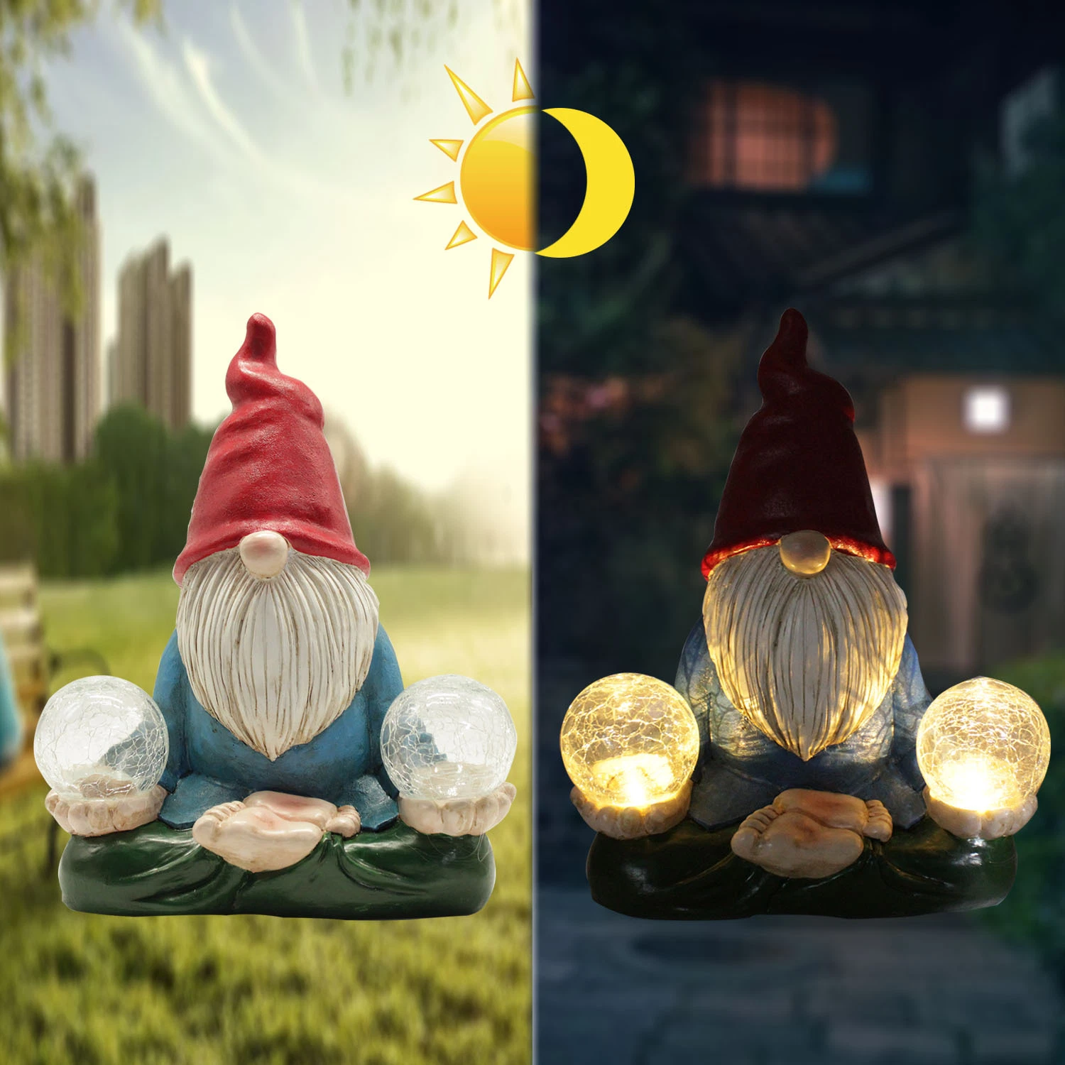 Wholesale Solar Powered LED Poly Resin Holding Double Balls Gnome Landscape Lighting Outdoor Garden Holiday Decoration Yard Decoration