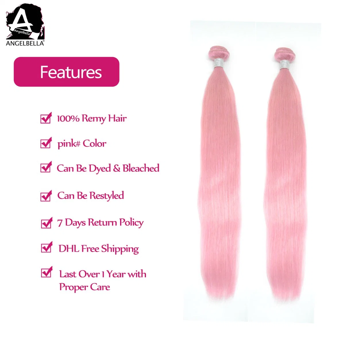 Angelbella Top Chinese Human Hair Weft Pink Color Remy Hair