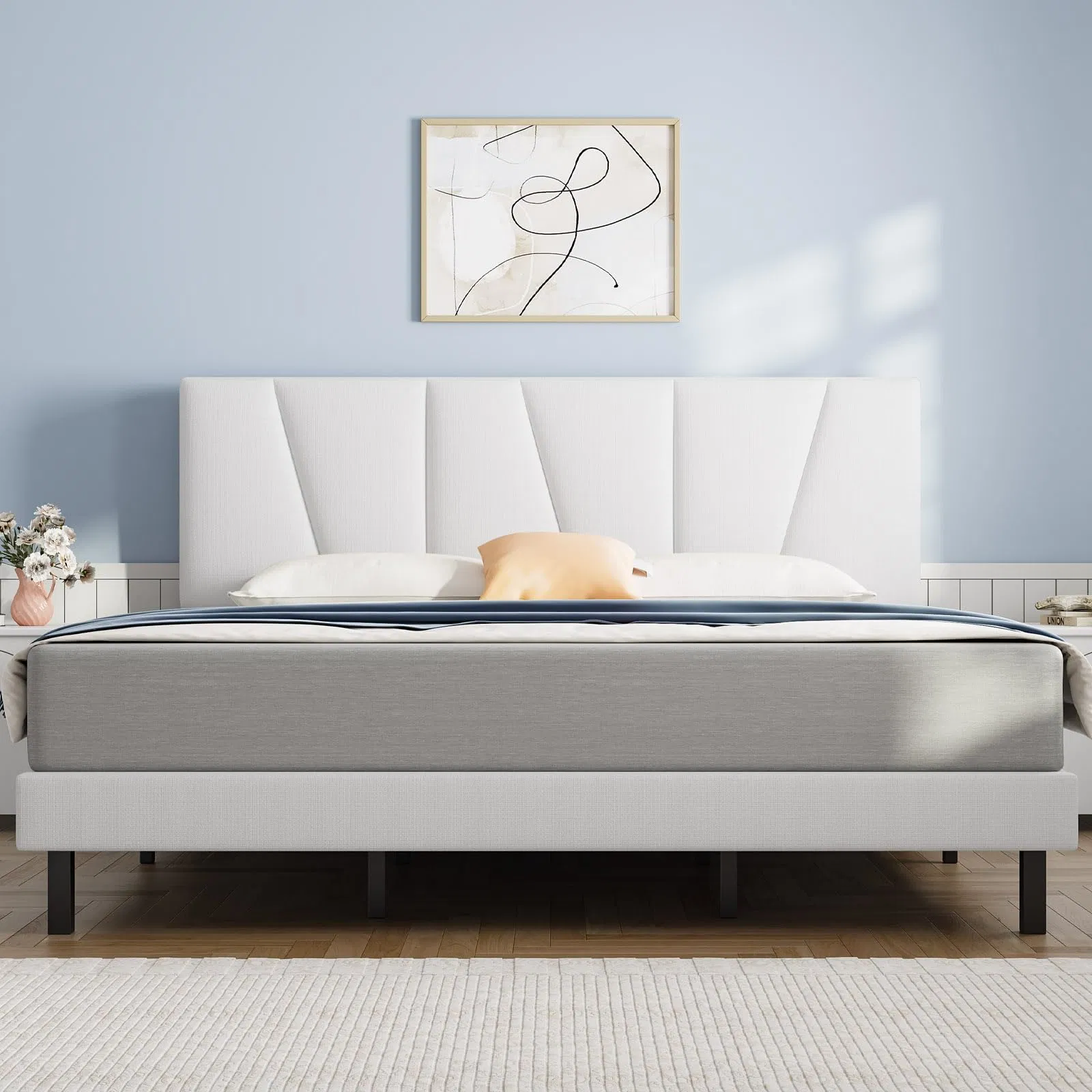 Queen Bed Frame with Upholstered Flannel Platform, Headboard and Sturdy Wood Strip, Strong Weight Capability, Easy to Assemble, White