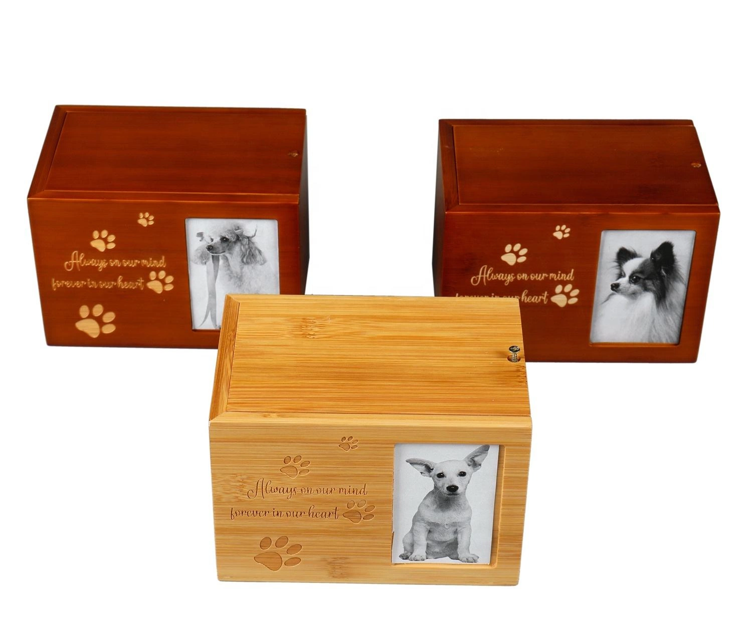 Rectángulo de la fábrica de tapa deslizante patrón láser personalizado preciosa ceniza de pequeños animales de cremación de mascotas de bambú Urn