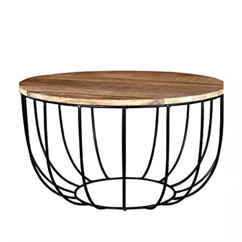 Modern Coffee Table Round Iron Center Coffee Table with Wooden Top