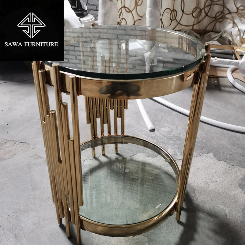 Hot Gold Round Stainless Steel Cylinder Frame Glass Top Wedding Cakes Table for Wedding Supplies