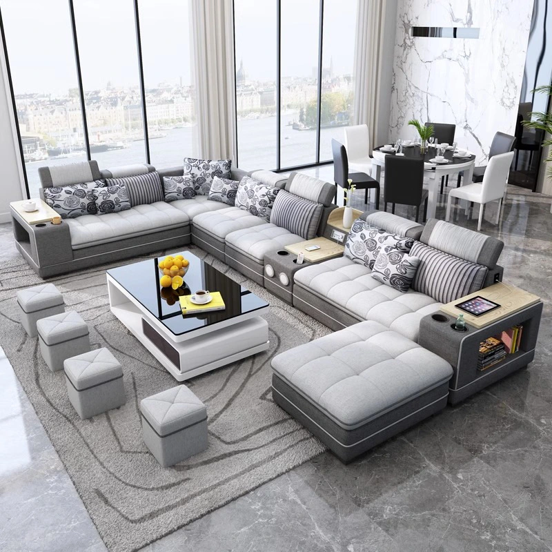 O moderno sofá-cama de canto em tecido de microfibra define a função modular Casa mobiliário luxuoso pele genuína Sectional sala de estar Sofá