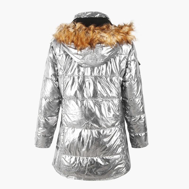 Casual Stock Fashion Warm Women's Fit Solid Color Shiny Zipper Large Fur Collar Padded Coat