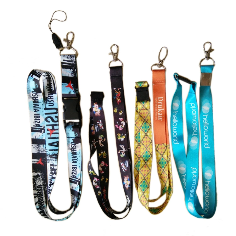 Cheap varios color impresas personalizadas Polyster Lanyardssatin Lanyards Abrebotellas con colores de la personaje de dibujos animados Lanyards