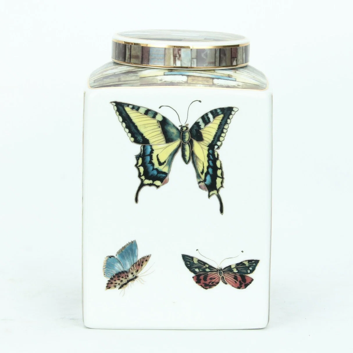 J050 Wholesale Porcelain Spice Container Sets Chinoiserie Home Decor Ceramic Butterflies Pattern Square Jar with Lid