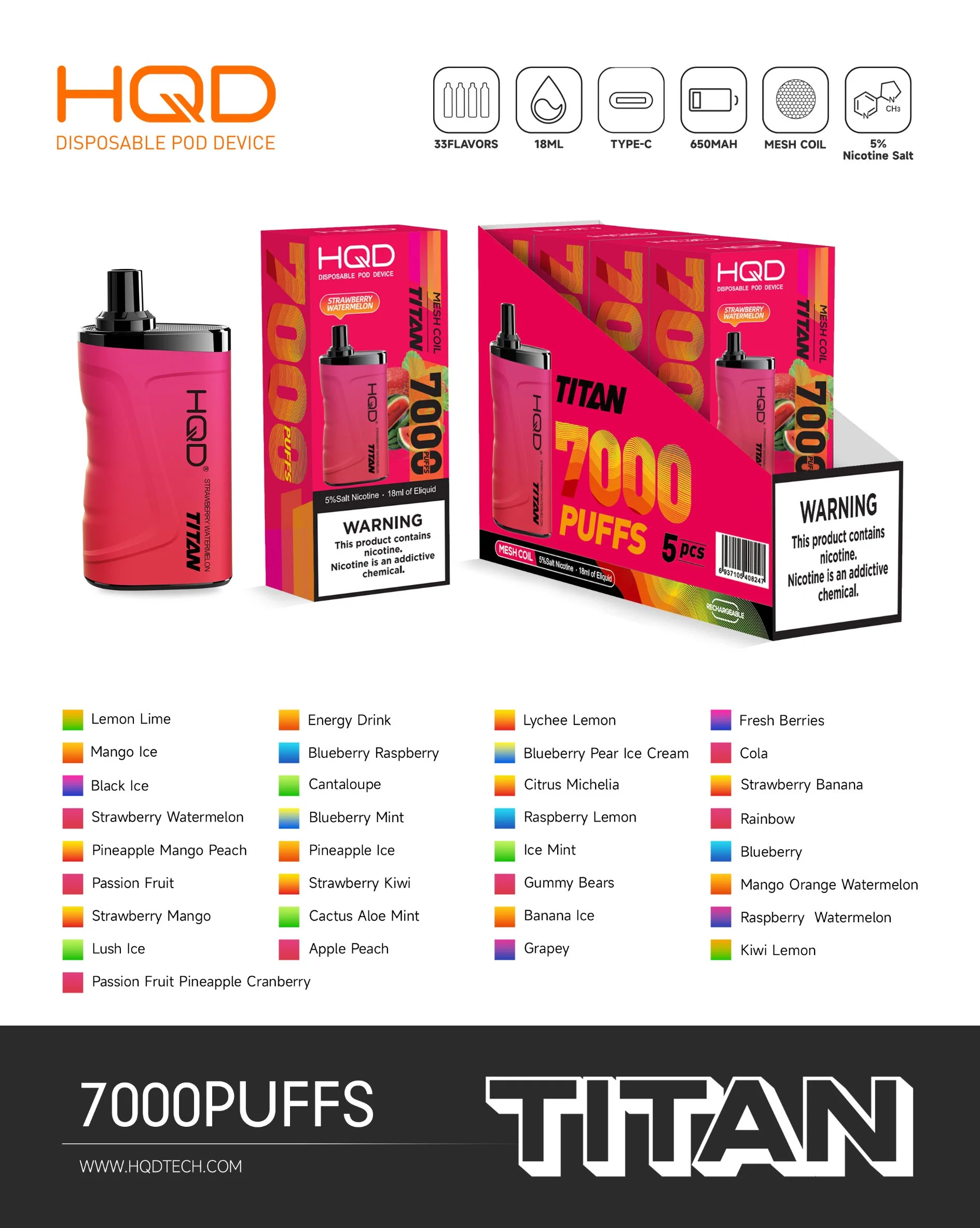 Hqd 7000 inhalaciones Vape Producto: Titán. El color de los productos cambian según diferentes sabores