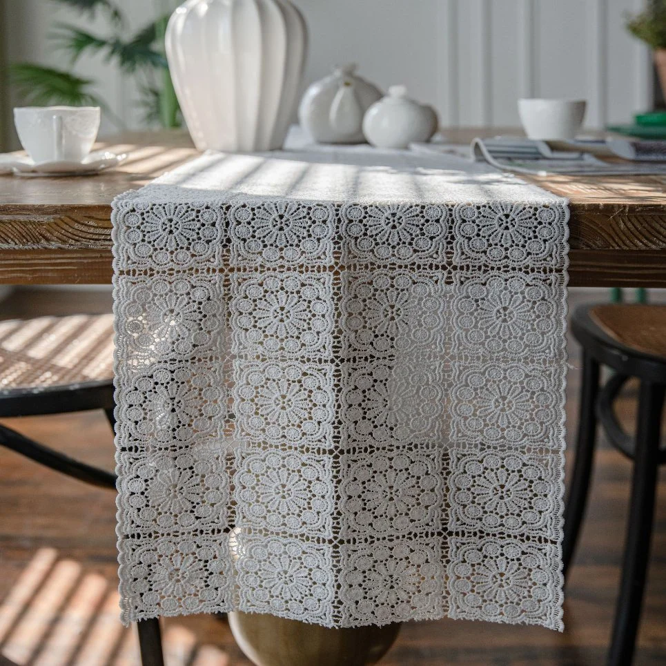 Embroidered Water-Soluble Lace Tablerunner Hollowed-out White Tablecloth