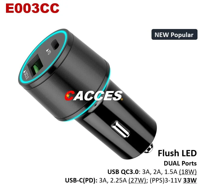 3A 18 واط 1USB A+27 واط 1 نوع C/2 منافذ ضوء LED 36 واط لشحن الكابل شاحن سيارة صغيرة للهاتف المحمول سيارة شاحن USB محول سيارة سريع ولاعة السجائر مهايئ USB