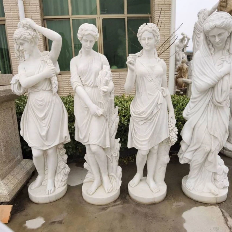 Garden Decoration Modern Hand Carved and Polished Natural Stone Standing Life Size Four Season Girl White Marble Statue