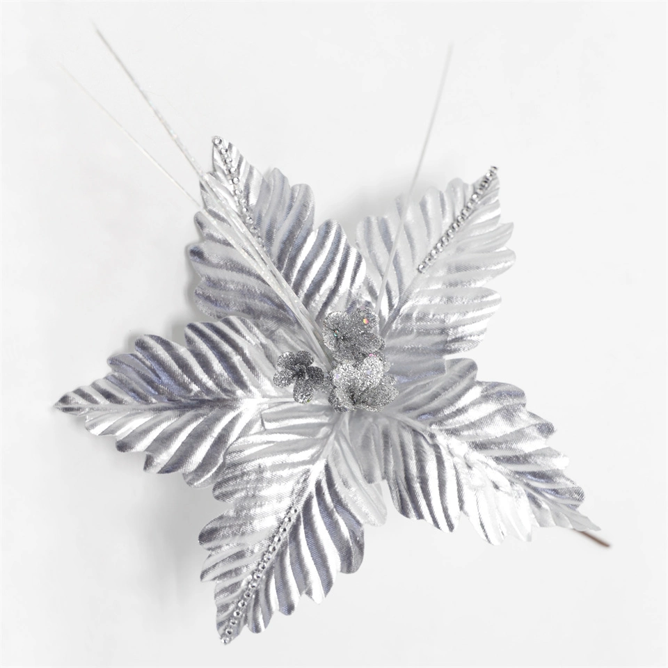 Silver Artificial Christmas Flower Popular Poinsettia Long Flower Core Christmas Flower Christmas Decoration