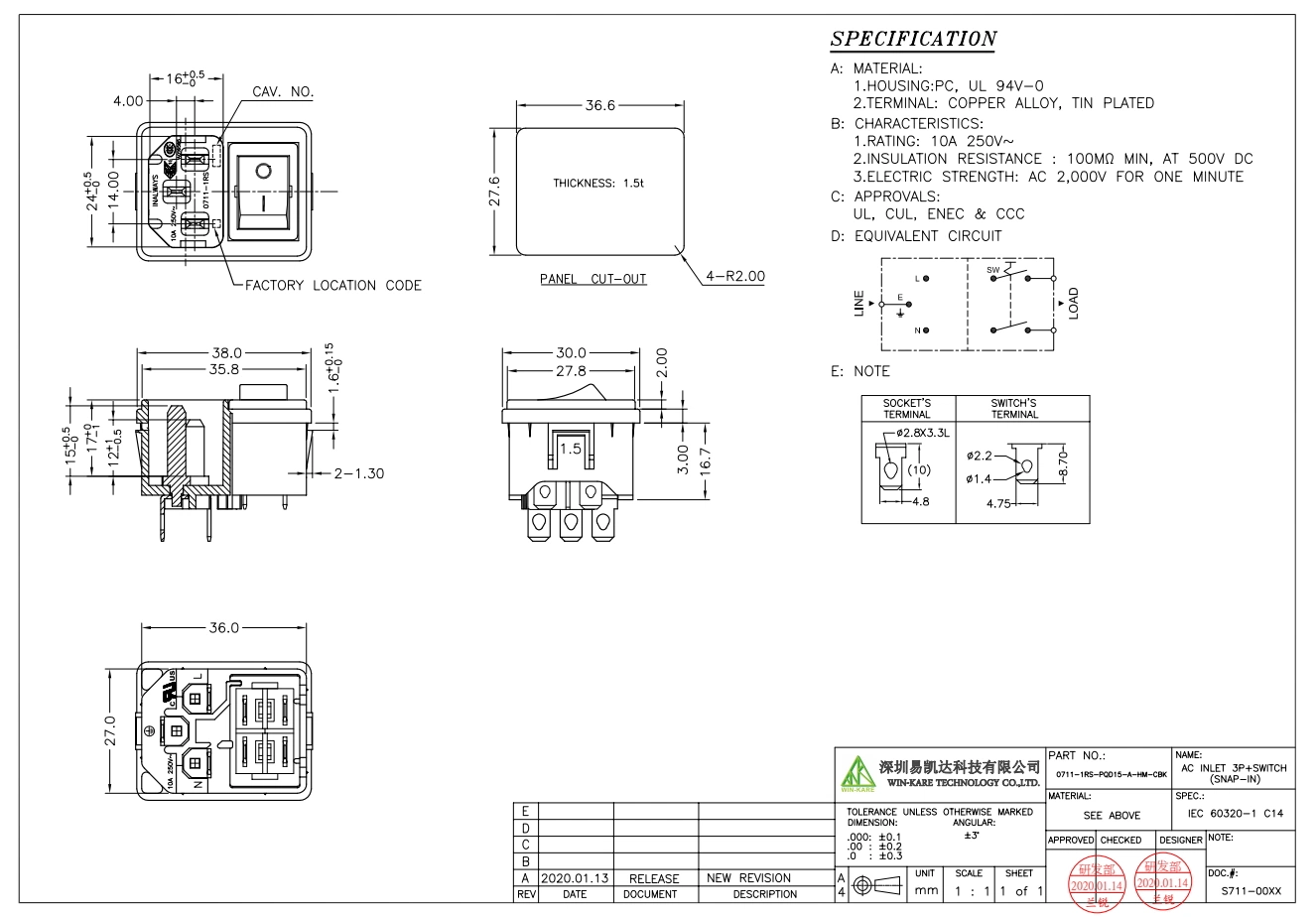 IEC Electrical Switch Connectors C14 Inlet Panel Mount AC Male Power Socket with Rocker Switch for Automotive Parts