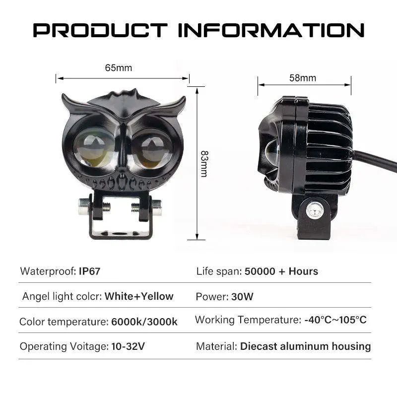 Moto LED éclairage auxiliaire de projecteur Owl phares de feux de brouillard à double conduite de couleur