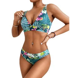 Biquíni sexy de duas peças com babados para mulheres, feito de poliéster, nylon e spandex. Estampa tropical em formato de triângulo, tankini e maiô de designer para senhoras. Ideal para praia, spa e uso na areia.