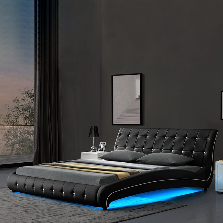 Italia Buttoned Willsoon 1144-1 estilo diseño sintético de PU de lujo doble marco de la cama con un elegante curva&amp;Luz LED