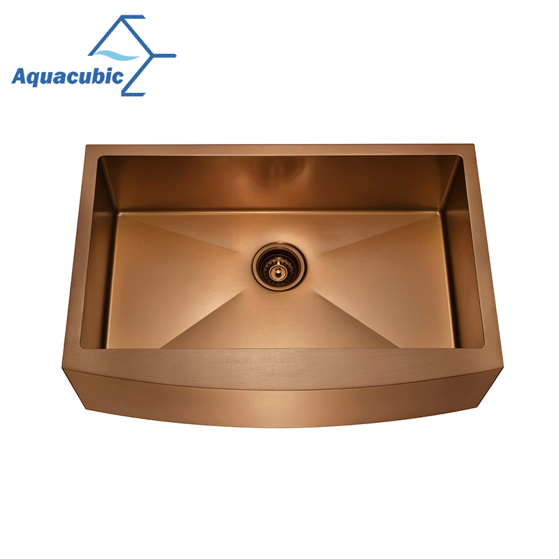 Aquacubic Rose Gold Copper Color PVD Nano Handmade 304 Stainless Steel Apron Front Farmhouse Farm Kitchen Sink