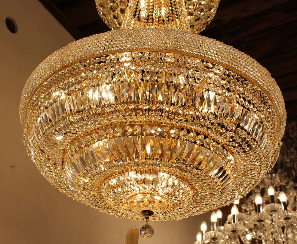 European Round Indoor Lighting Decoration LED Hanging Light Golden Raindrop Crystal LED 3 Layers Chandelier