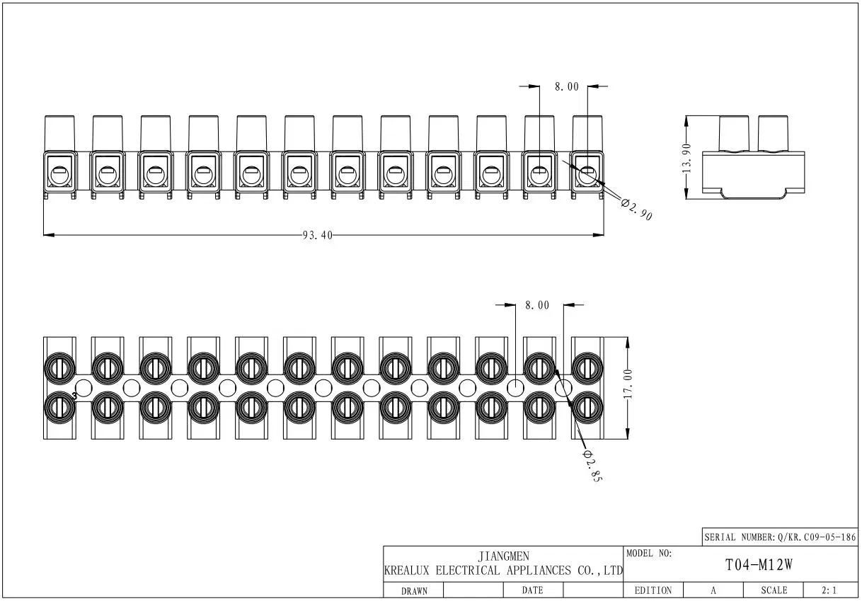 Beleks/Krealux T04-M12W (A) UL 12 Ports/Poles/Ways Screw-Mounted Terminal Block/Barrier/Strip