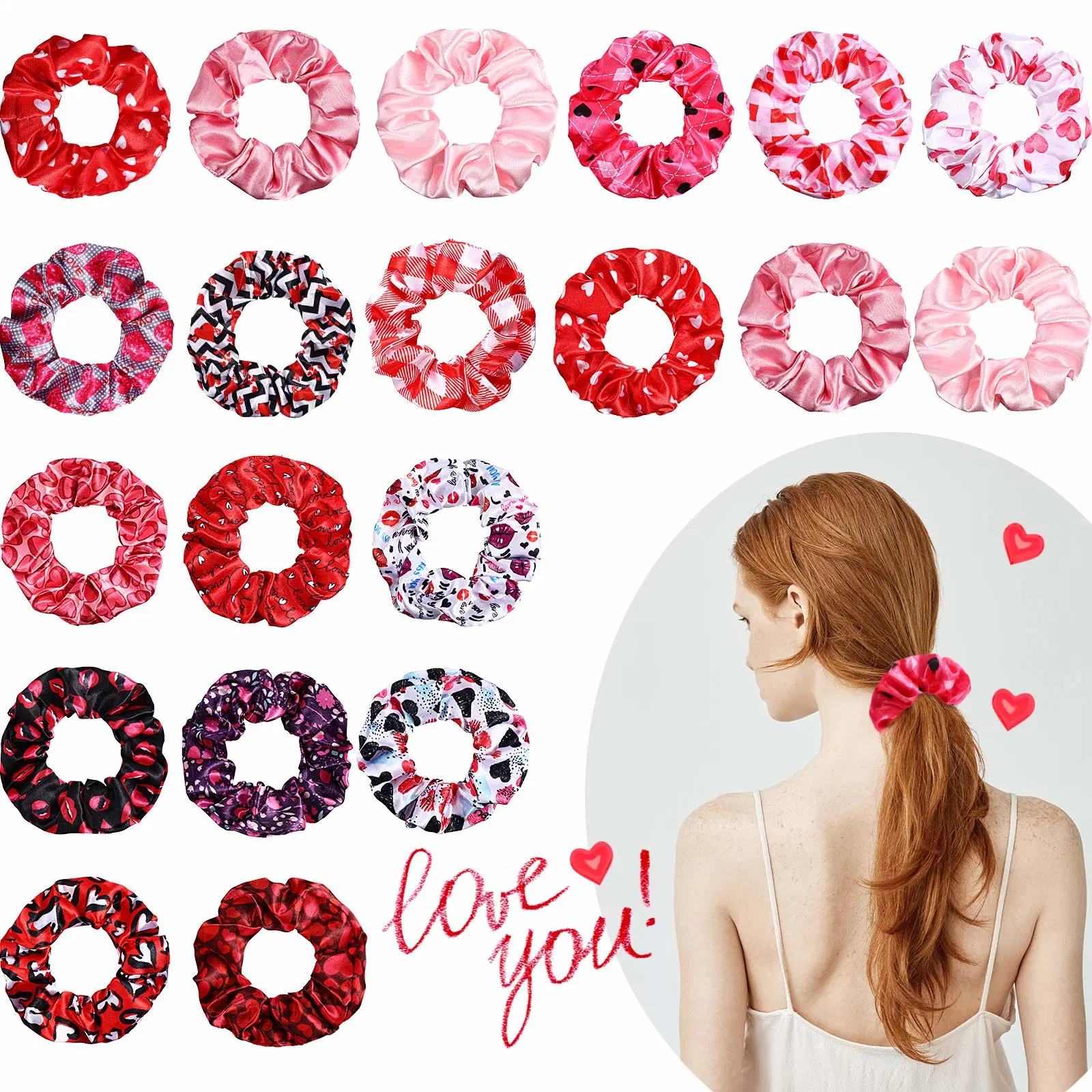 Valentine&prime; S Day Hair Scrunchies Love Heart Print Scrunchie Soft Elastic Hair Bands Ponytail Holders Bride Scrunchie Valentines Day Hair Accessories