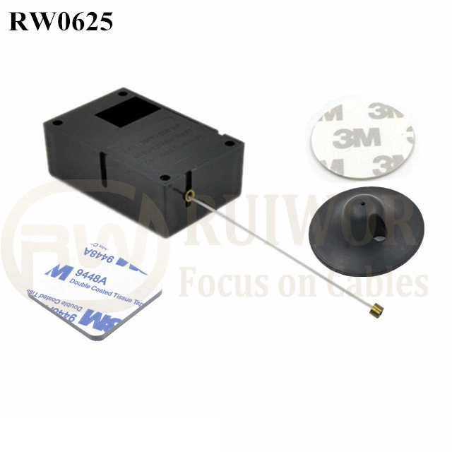 RW0625 Cuboid Ratcheting Retractable Cable Plus Pause Function and Dia 38mm Circular Adhesive Plastic Plate Connector