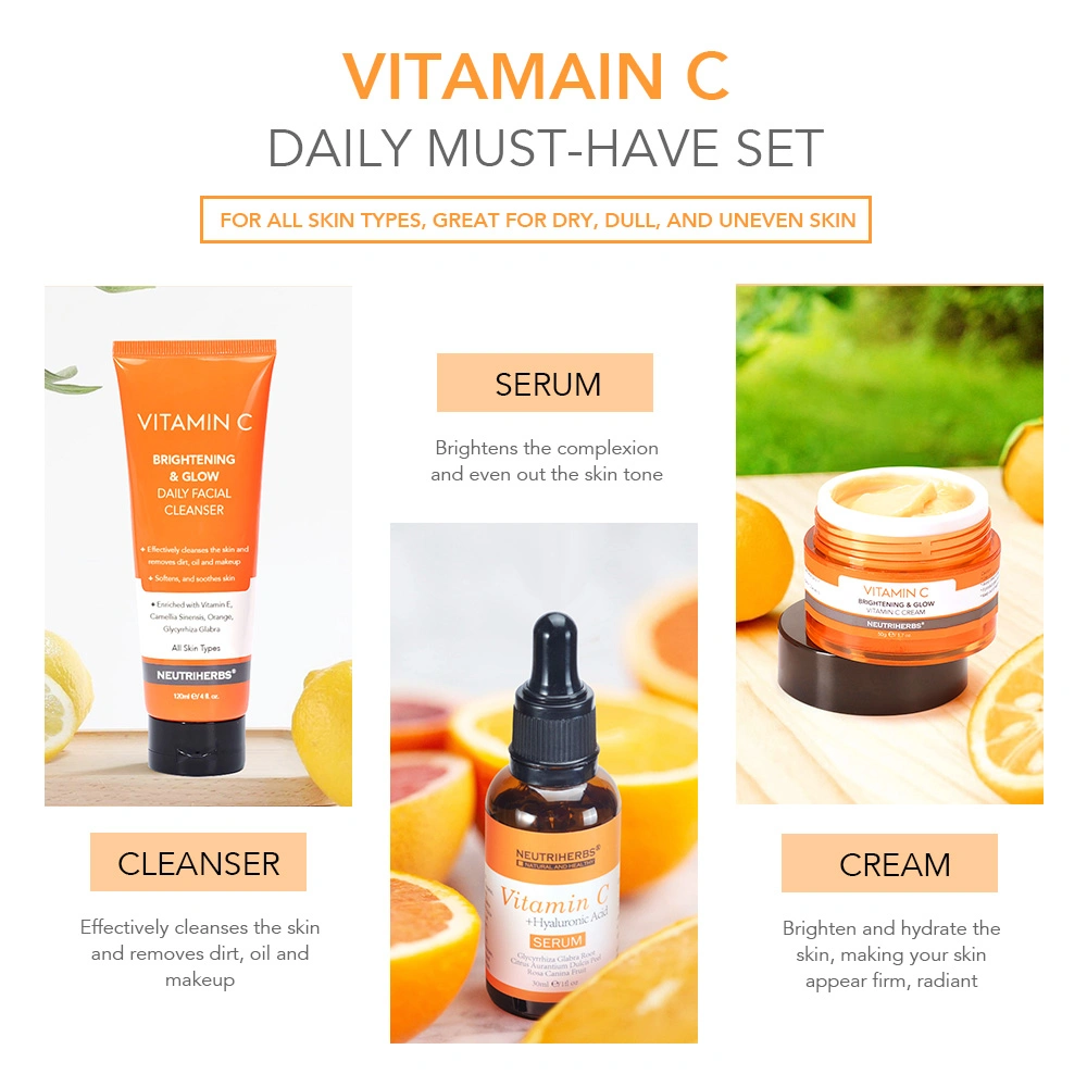 Heißer Verkauf Hautpflege OEM Vitamin C für dunkle Flecken Antioxidans Glowing Face Serum Haut Set