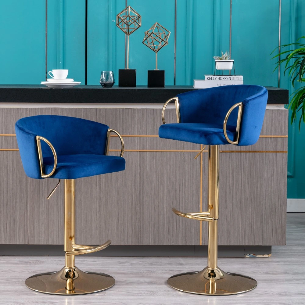 Modern Adjustable Bar Stools with Swivel Bar Chair with Golden Chrome Footrest, Base, Velvet, Set of 2, Blue