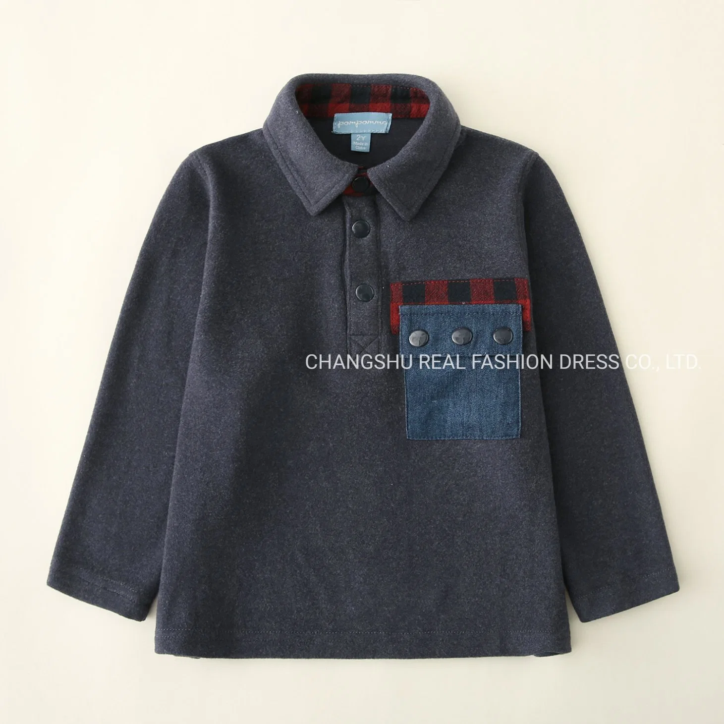 Children Clothes Boy Kids Knitted Navy Shirt Wear with Contrast Pocket and Front Half Placket