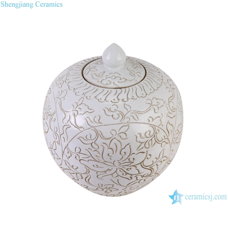 White Color Twsited Flower Hand Carved Watermelon Shape Belly Porcelain Lidded Jars Ceramic Pot Holder