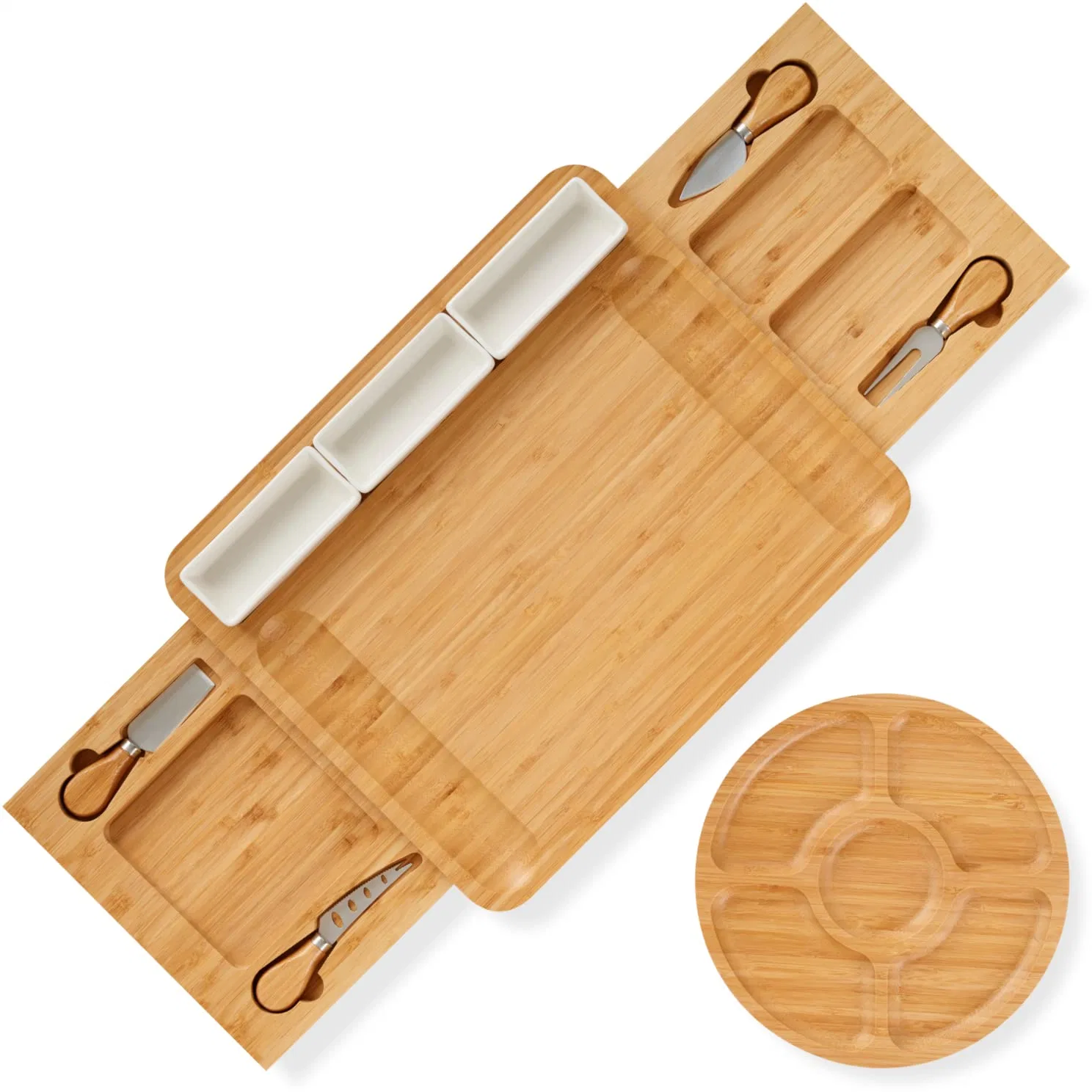 Wurstplatte, Käseplatte, Keramikschalen &amp; Messer Set, extra große Bamboo Platte zum Servieren von Käse, Fleisch - Geschenk für Männer, Frauen, Paare, Anniversa