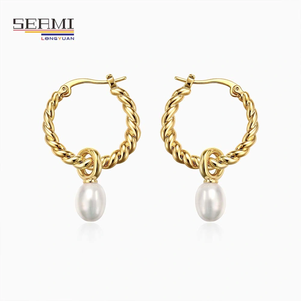 Stylish Twisted Hoop Women Gold Drop Earrings with Baroque Pearl