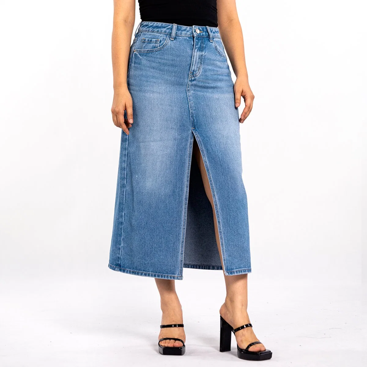 Custom Blue Washed Straight High Waist Split Denim Skirt for Women