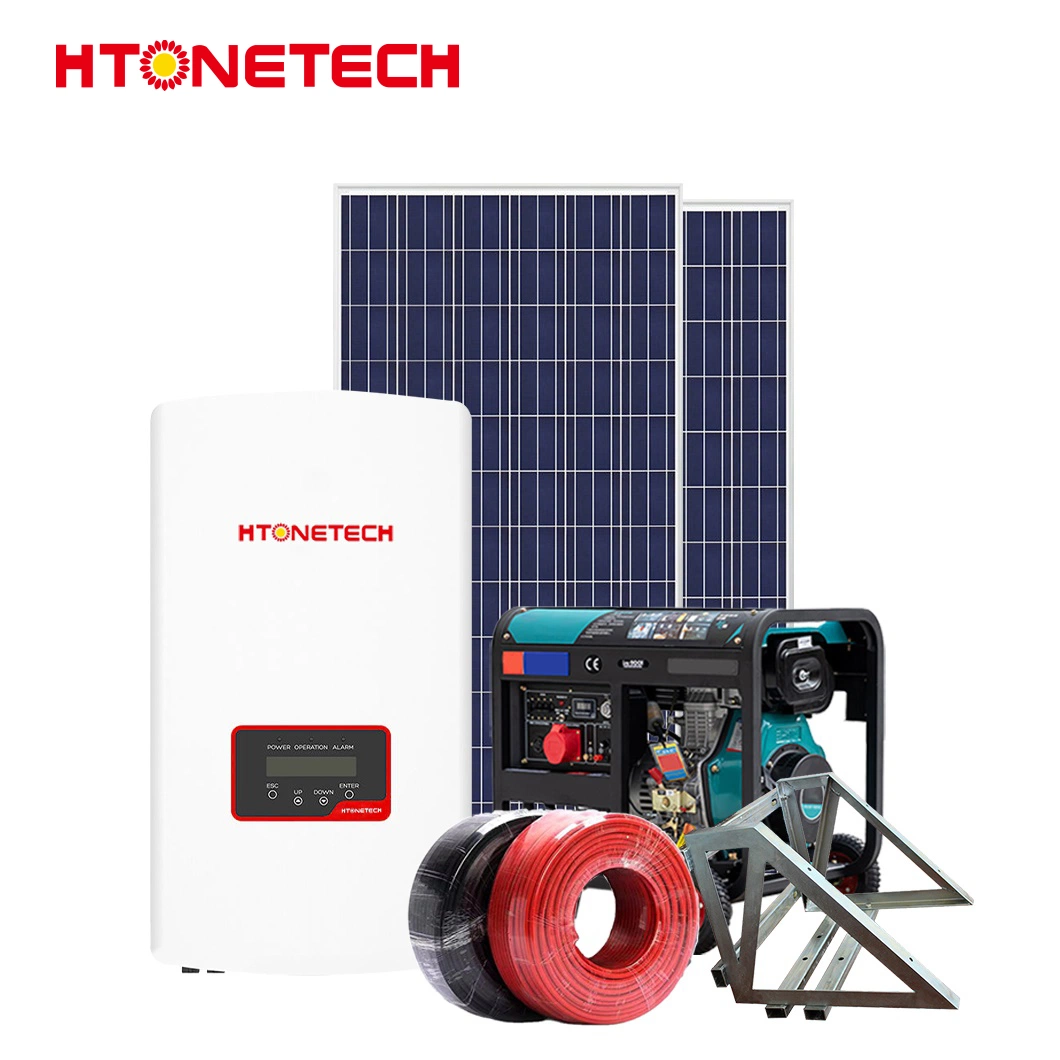 Htonetech Solarzellen Monokristalline Fabrik Hybrid Wind Inverter China Sicherheitskamera Solaranlage mit Dieselgenerator 15kw