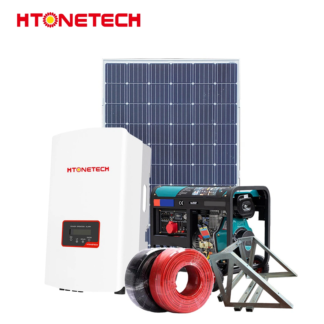Htonetech Monocrystalline Doble vidrio Solar Panel 48V 6000W off-Grid Solar Inversor China 3,5kw sistema de energía solar híbrida con 80kVA diésel Precio generador