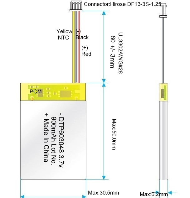 Dtp603048 3.7V 900mAh Ionn de litio recargable de Litio-ion Pack para GPS/juegos