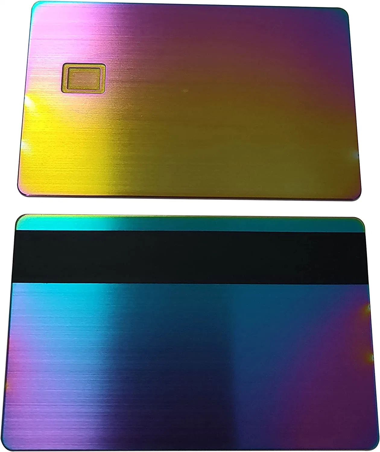 Tarjeta de crédito en blanco de metal de acero inoxidable para bricolaje, tarjeta de metal Rigg cepillada con acabado arcoíris, ranura para chip 4428 con banda magnética de 3 pistas Hico