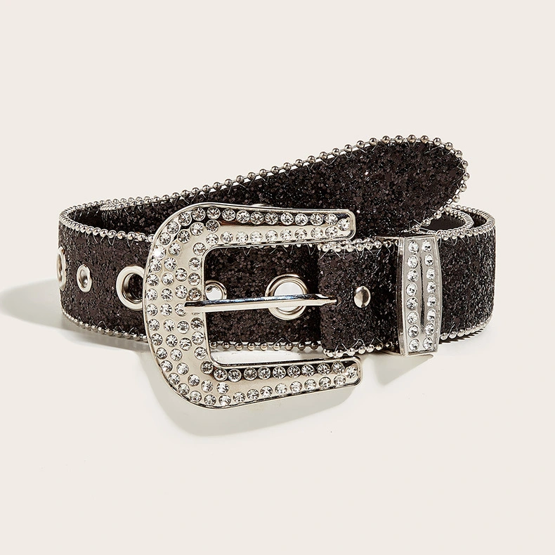 Custom Graved Big Zinc Alloy Buckle Diamond PU Leather Belts Shining Gold Leather Rhinestone Belts Women Men