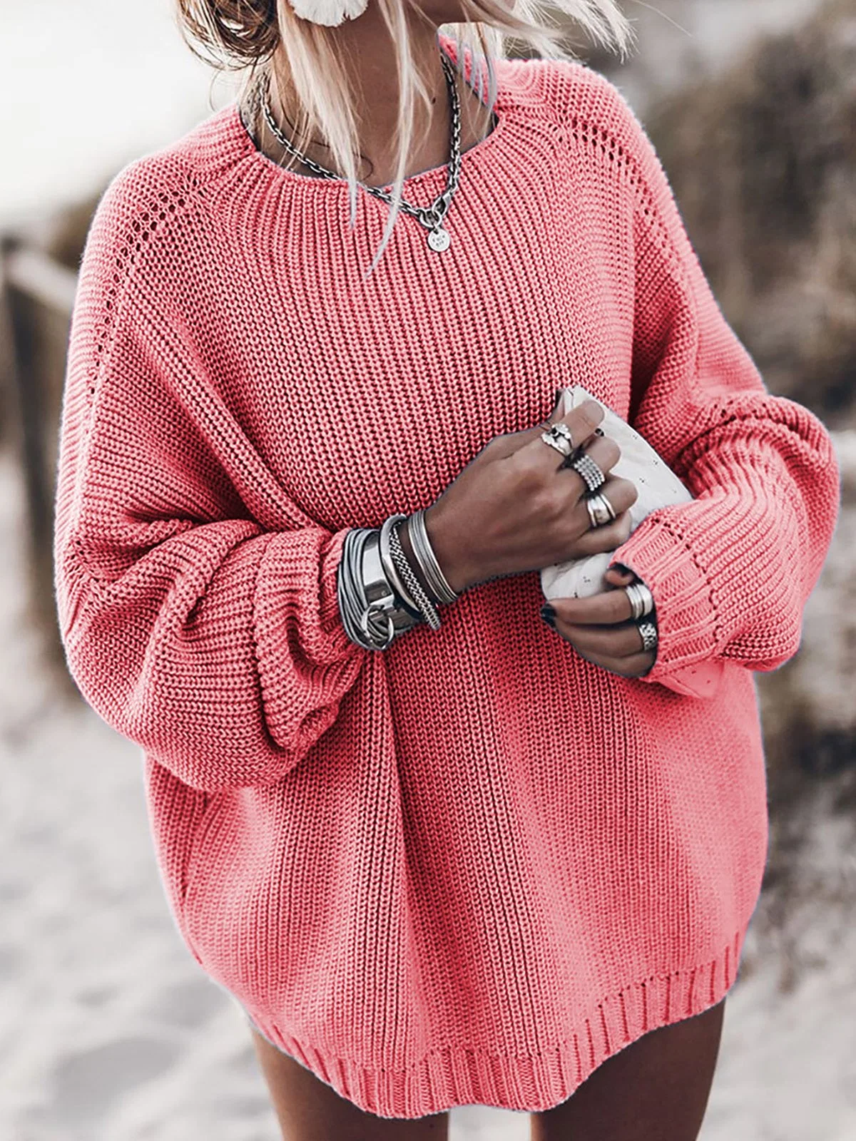 Winter Women O-Neck Casual Oversized Knit Pullover Sweater