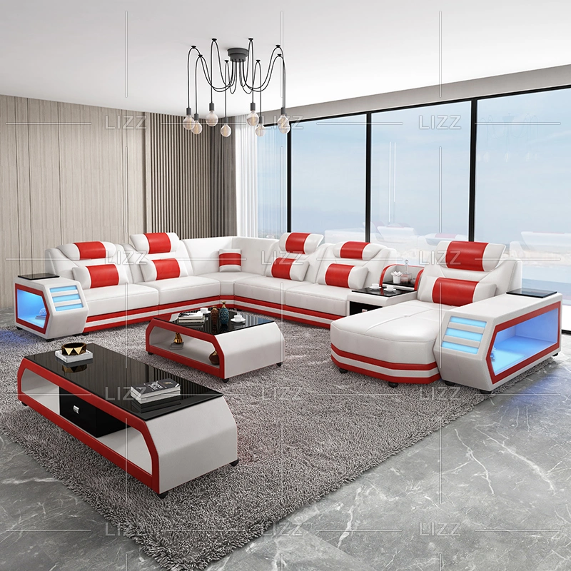 Functional LED Modern European Design Leisure Genuine Leather Sectional Sofa