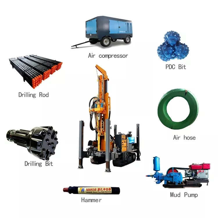 Diesel Engine 100m 200m 300m 400m Water Well Drilling Machine Hydraulic Pneumatic Drilling Rig with Air Compressor Mud Pump