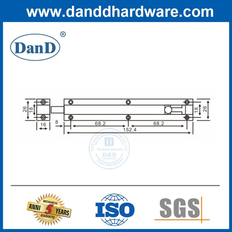 8 Inch Silver Square SS304 Tower Bolt for Metal Door