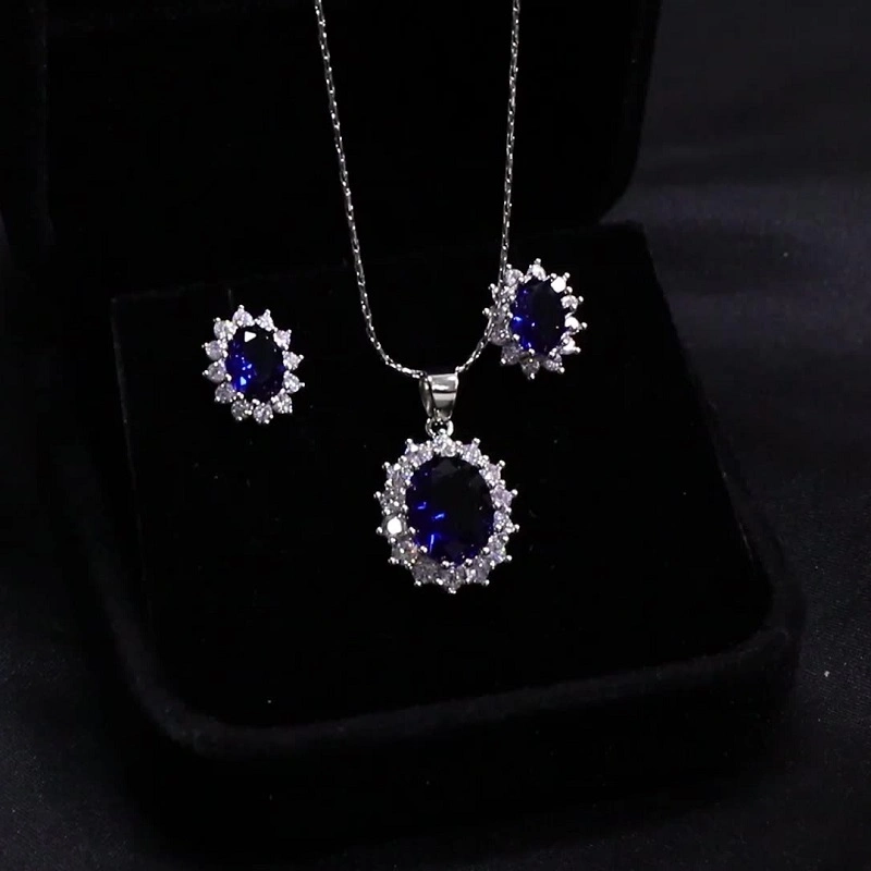 New Arrival Women Multi Colors 925 Sterling Silver Plated Crystal Blue Cubic Zircon Pendant Necklace Jewelry Sets