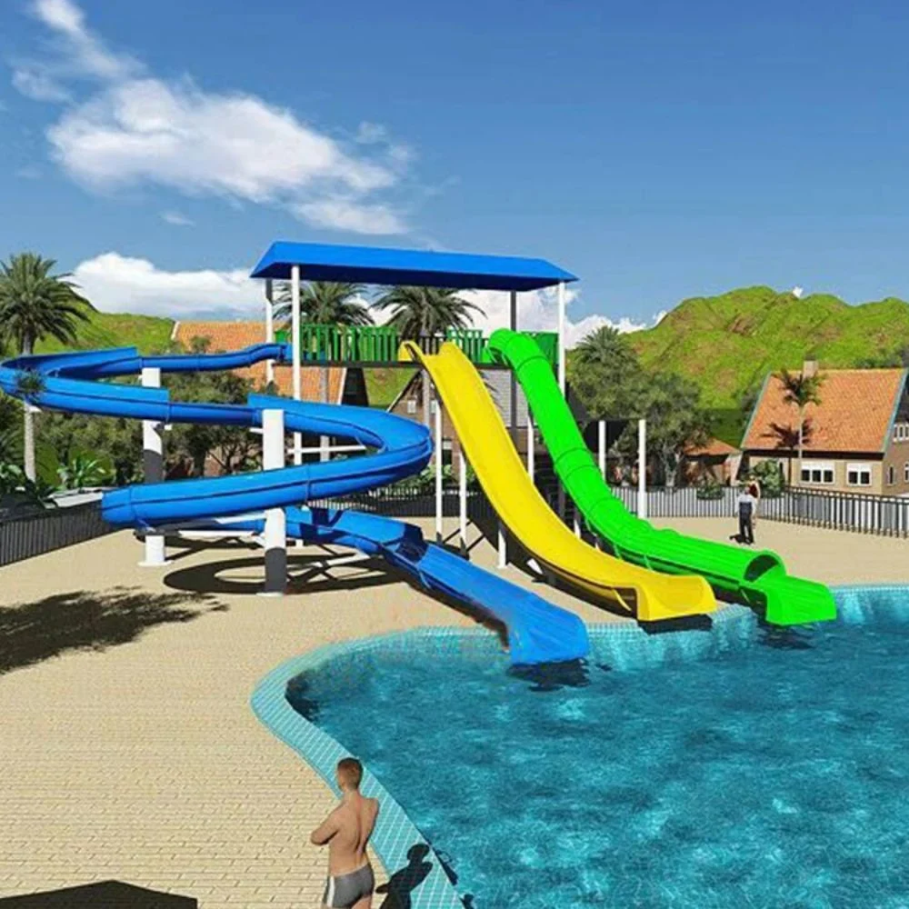 Parc aquatique extérieur, ensembles de jeux pour enfants, piscine hors sol avec toboggan aquatique.