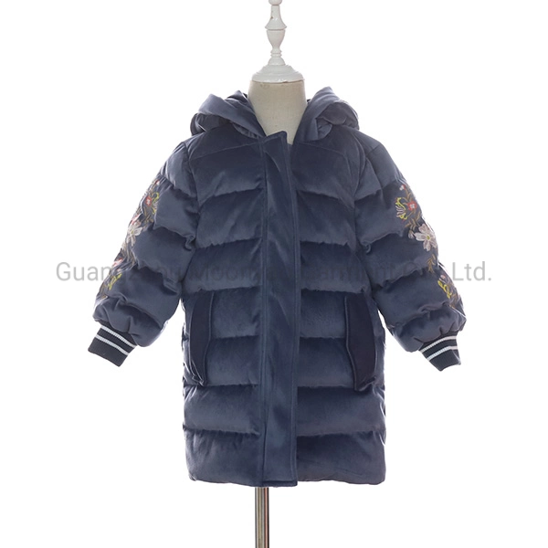 Quilted Long Flower Embroidery Velvet Hooded Down Jacket for Kids Children Girls Boys