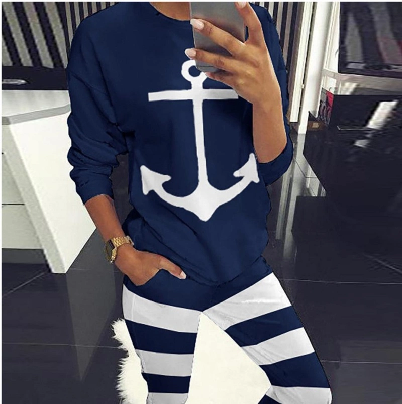Two-Piece Women Anchor Print Long Sleeve Sweatsuit Tracksuit for Jogging Running Wyz16494