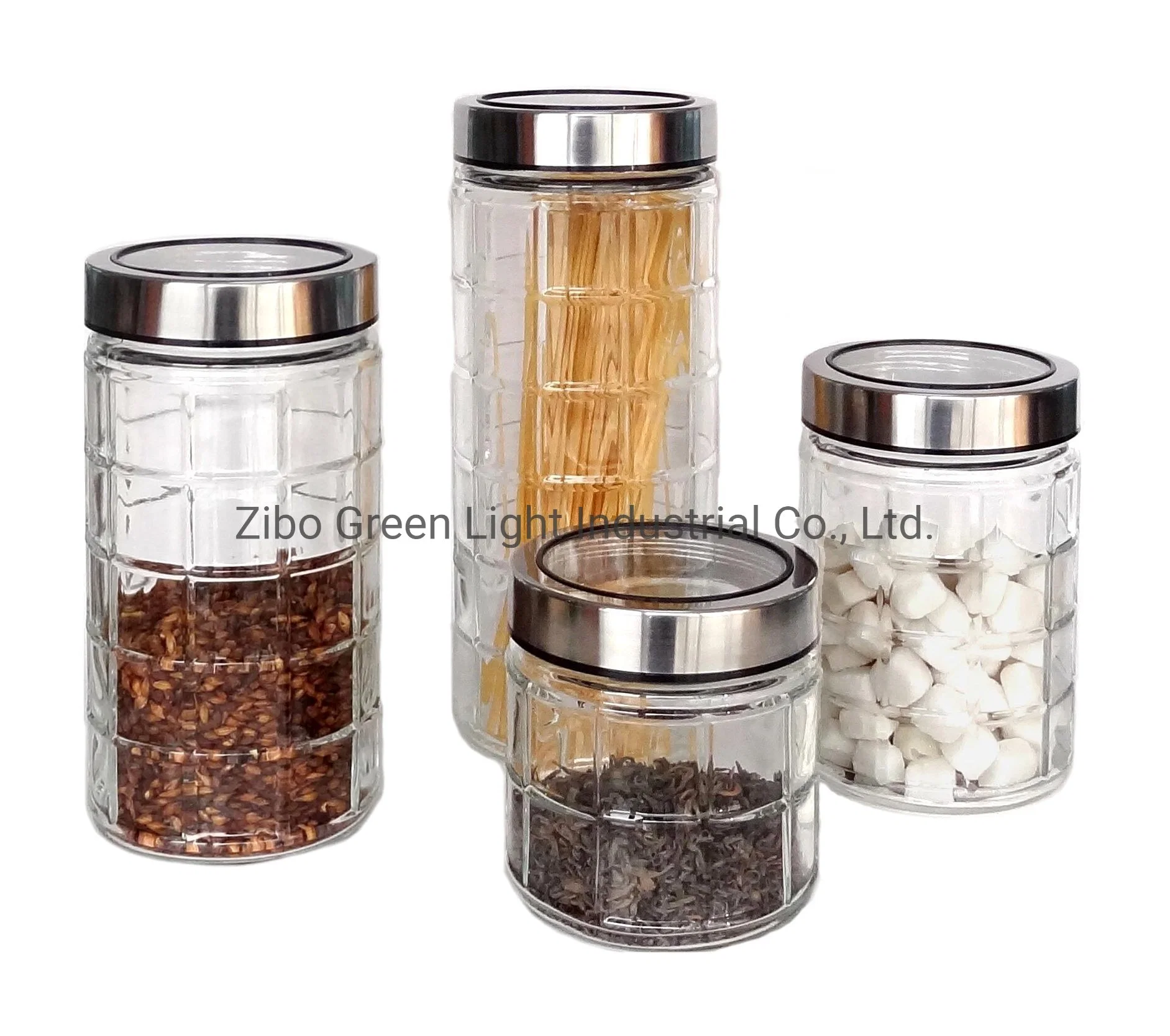 Glass Food Storage for Pasta Coffee Cookie with Embossed Design and Stainless Steel Lid