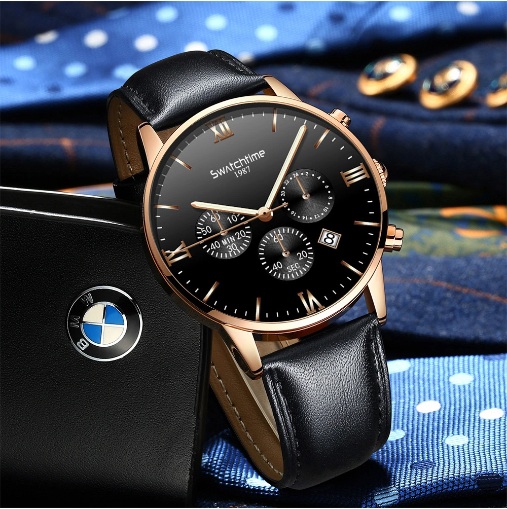 Wholesale Gift Chronograph with Full Functions Genuine Leather Strap Casual Quartz Watches for Men